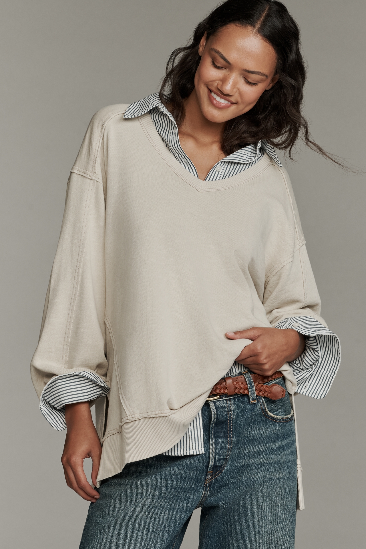Pilcro Long-Sleeve V-Neck Oversized Popover Top