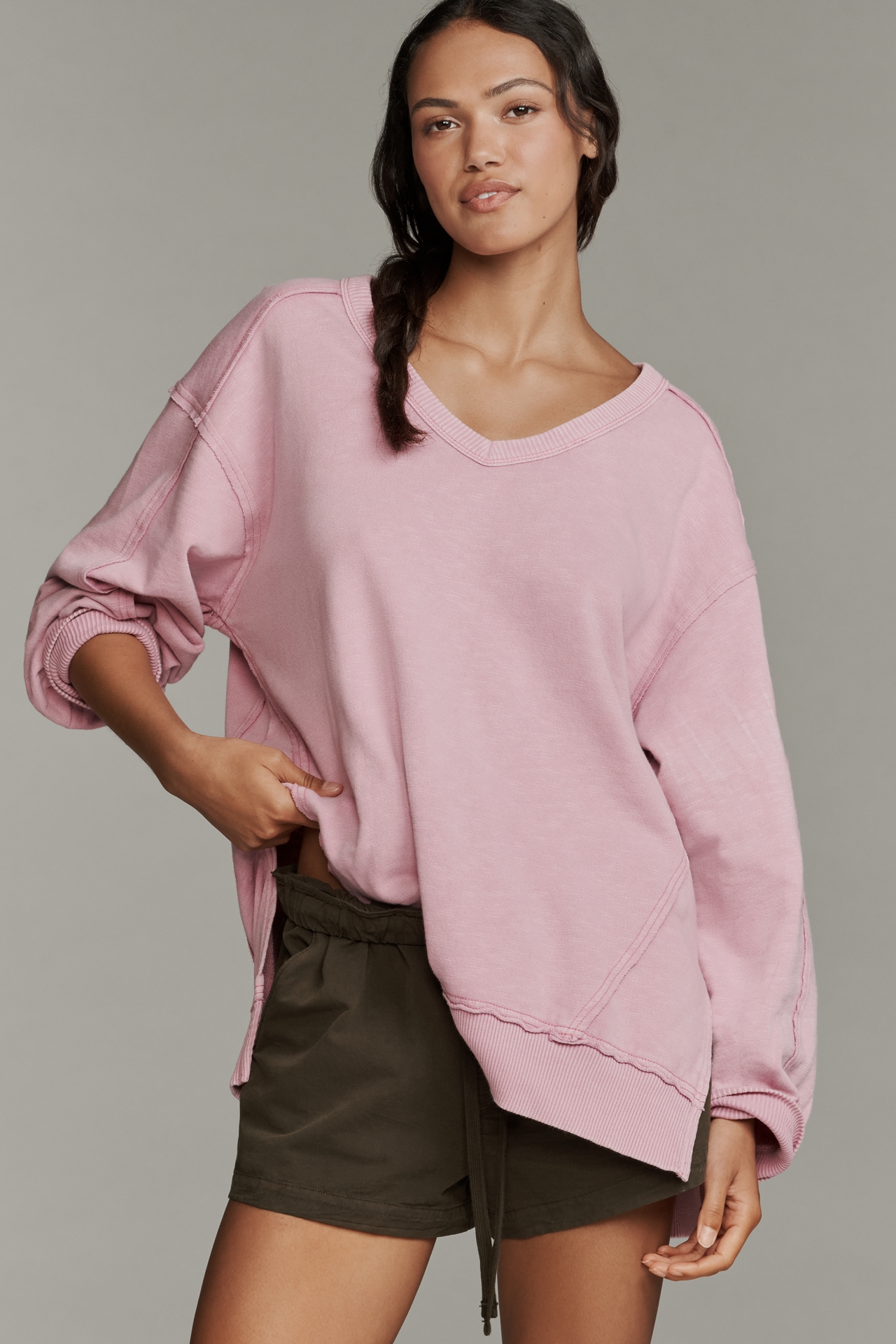 Pilcro Long-Sleeve V-Neck Oversized Popover Top