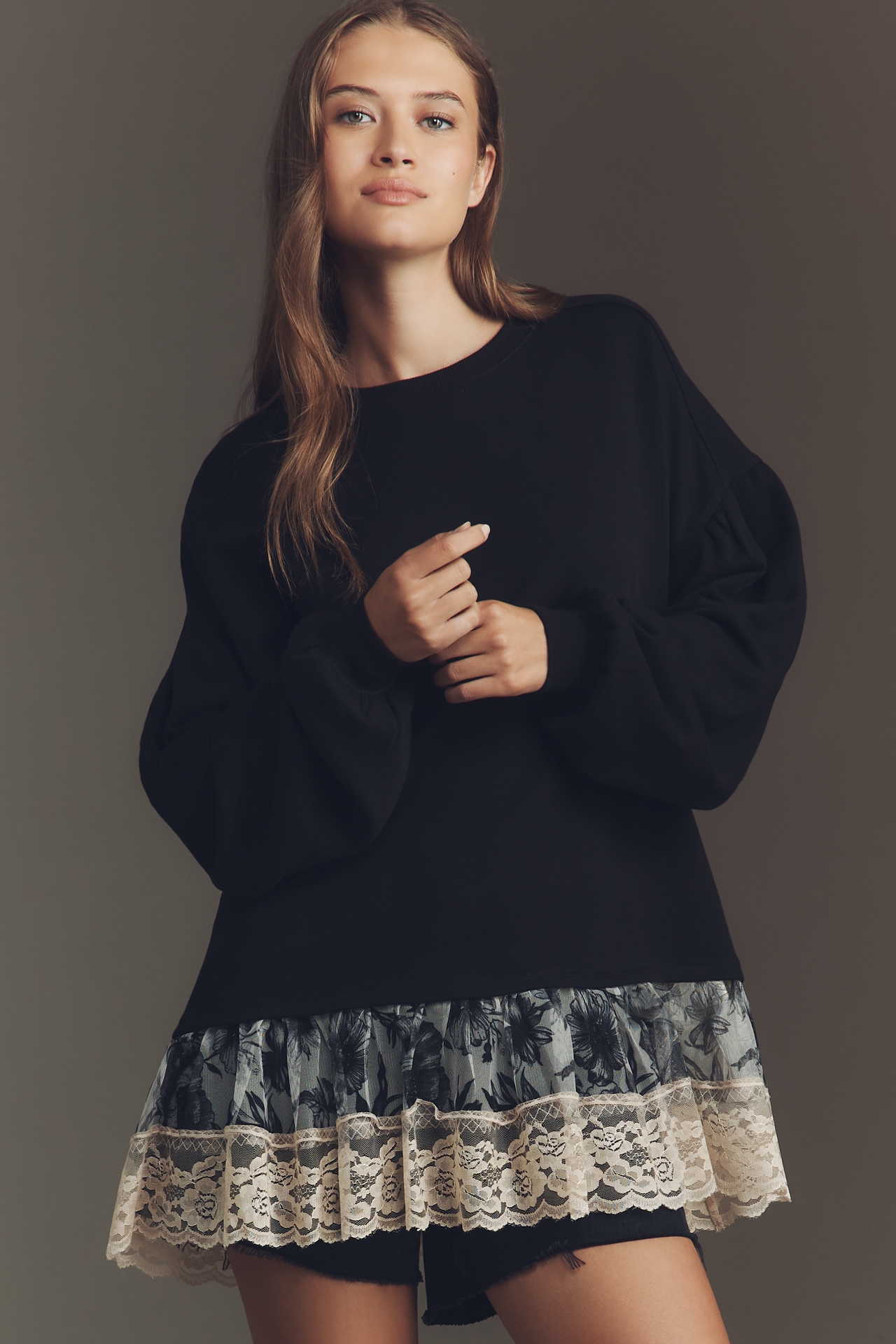By Anthropologie Tulle-Hem Pullover Sweatshirt