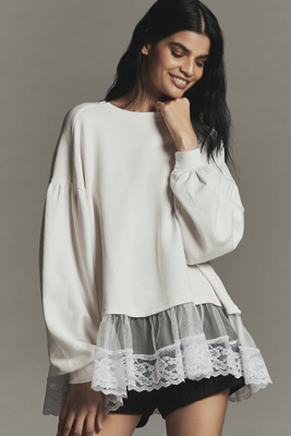 By Anthropologie Tulle-hem Pullover Sweatshirt In White