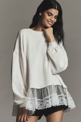 By Anthropologie Tulle-Hem Pullover Sweatshirt