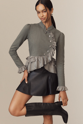 By Anthropologie Curved Ruffle Military Cardigan Sweater In Green