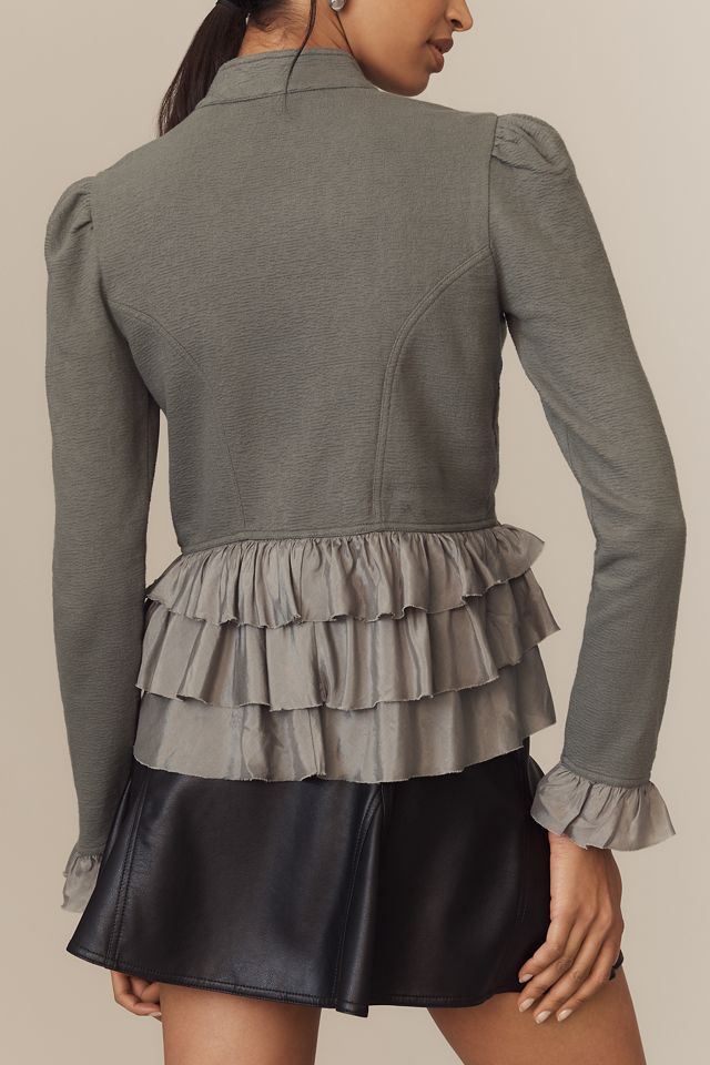 By Anthropologie Curved Ruffle Military Cardigan Top #1