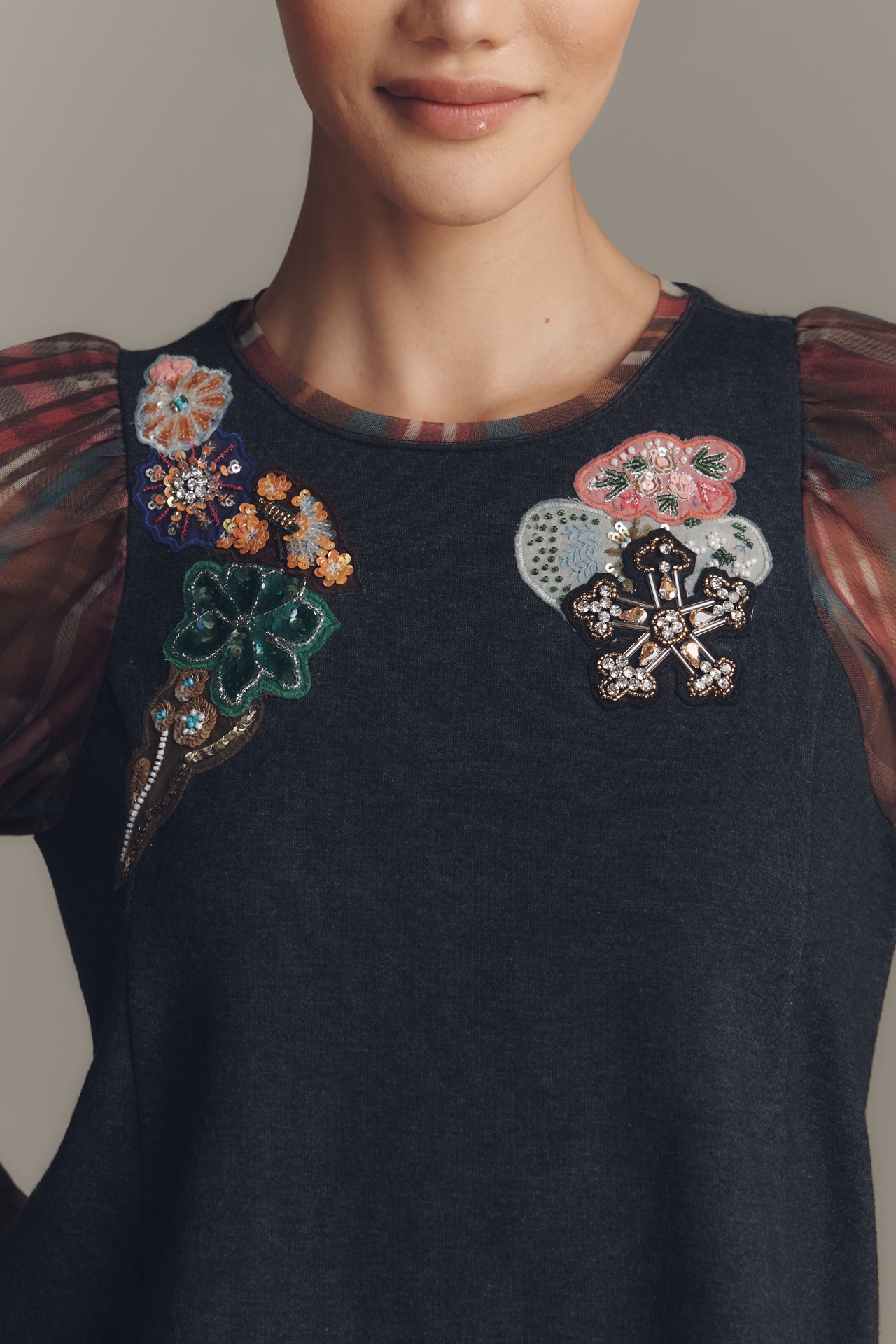 Maeve Long-Sleeve Embellished Plaid Top