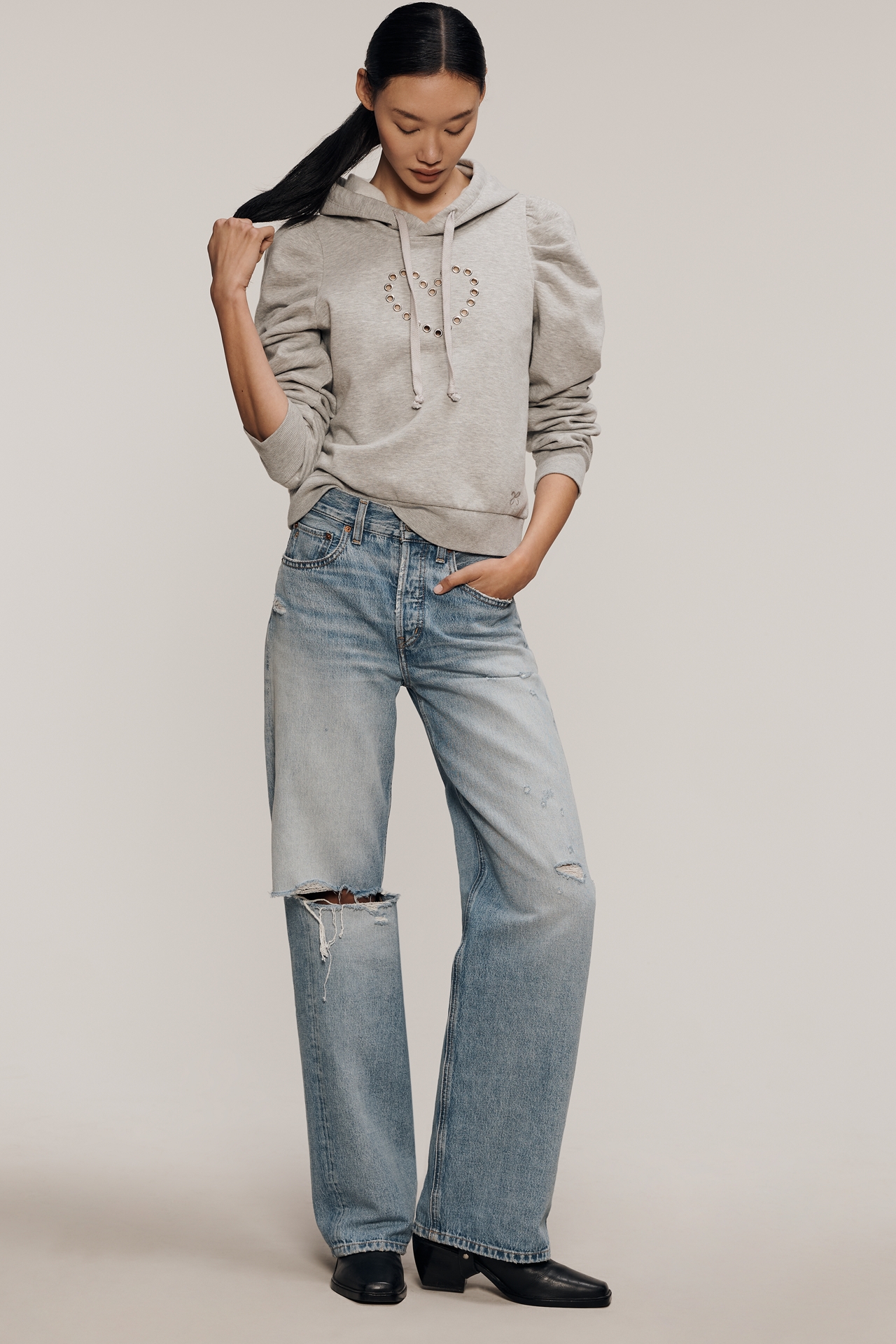 Maeve Puff-Sleeve Grommet Heart Sweatshirt