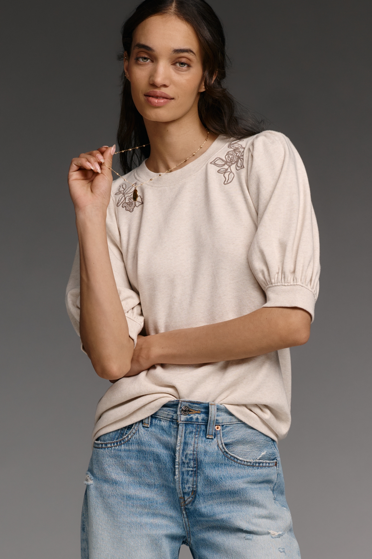 Maeve Embroidered Half-Sleeve Swing Sweatshirt