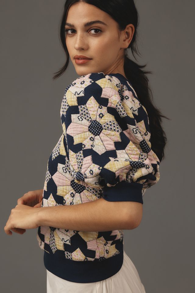 Maeve Puff-Sleeve Quilted Patchwork Knit Top #1