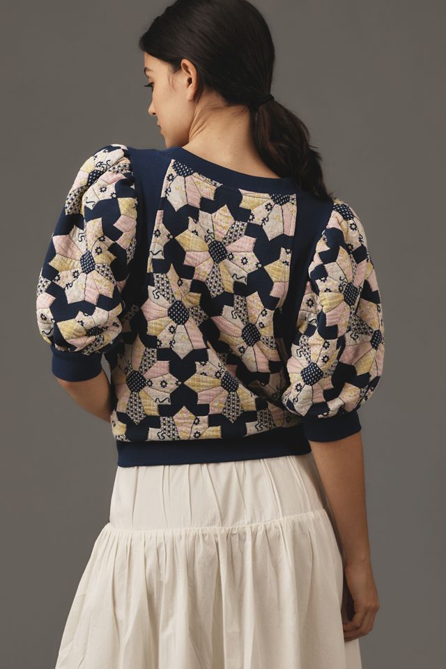 Maeve Puff-Sleeve Quilted Patchwork Knit Top #2