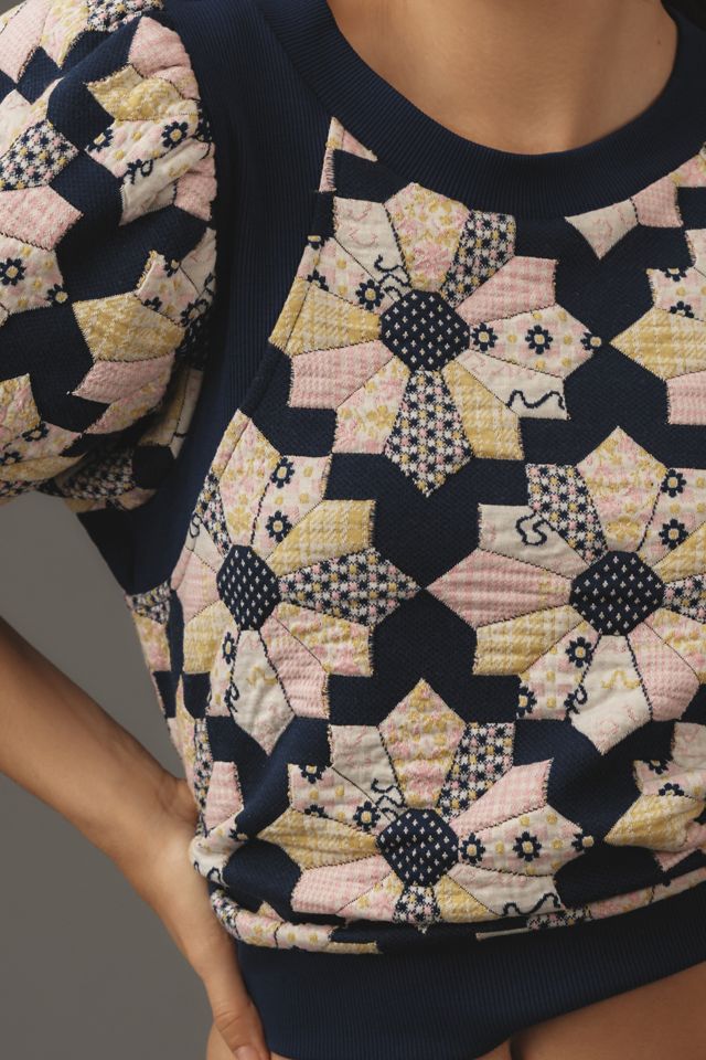Maeve Puff-Sleeve Quilted Patchwork Knit Top #3