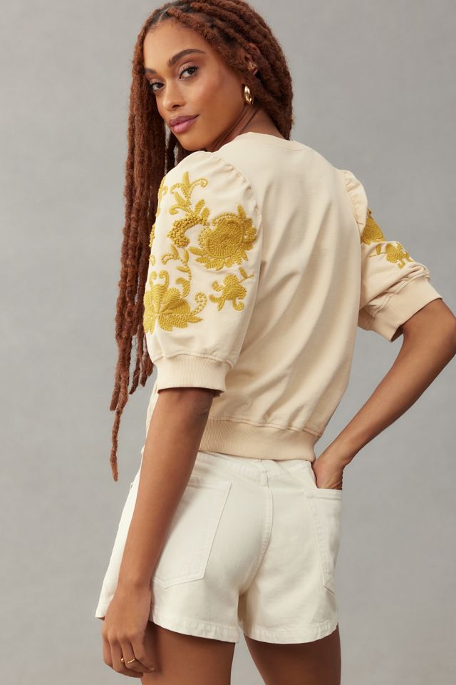 By Anthropologie Embroidered Puff-Sleeve Sweatshirt #1