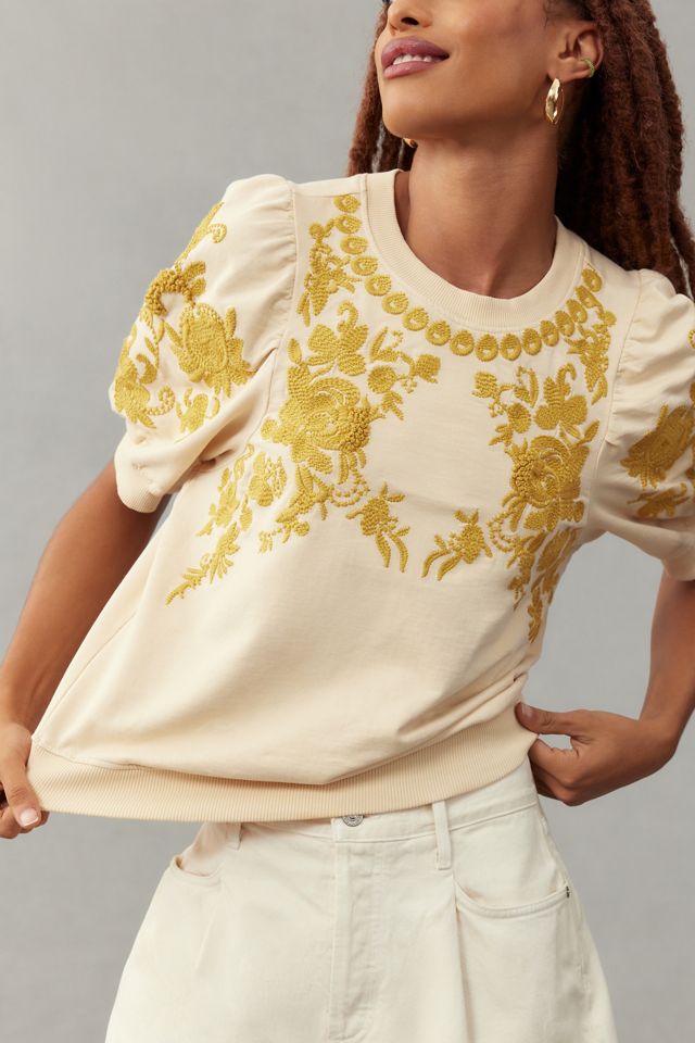 By Anthropologie Embroidered Puff-Sleeve Sweatshirt #3