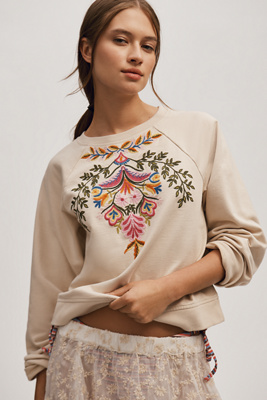 Shop By Anthropologie Embroidered Short Sleeve Sweatshirt In Beige