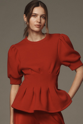 MAEVE PUFF-SLEEVE PLEATED-WAIST PEPLUM TOP 