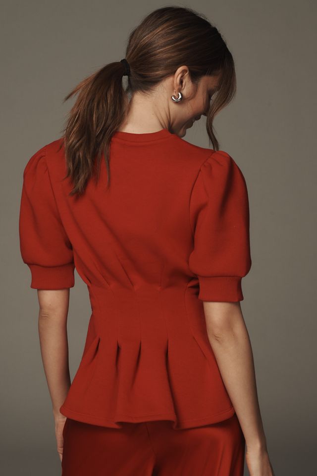 Maeve Puff-Sleeve Pleated-Waist Peplum Top #1