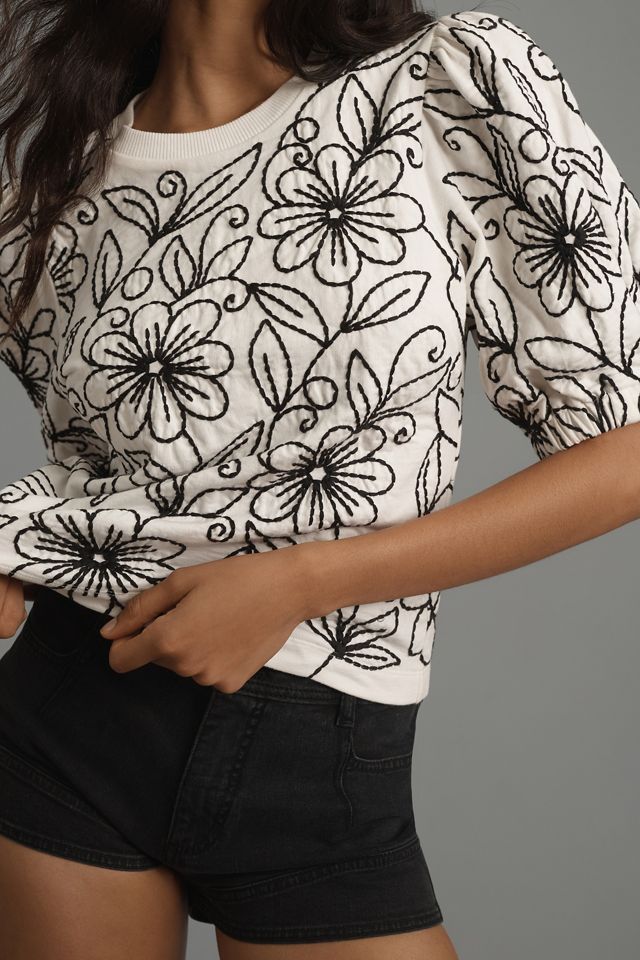 Maeve Puff-Sleeve Embroidered Pullover #3