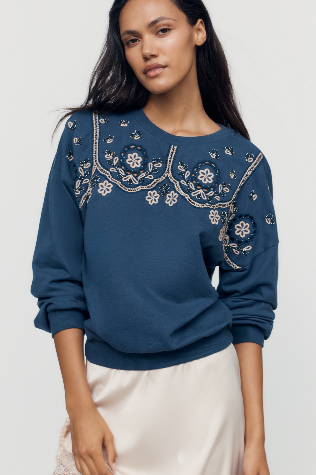 By Anthropologie 100% Cotton Embroidered Sweatshirt