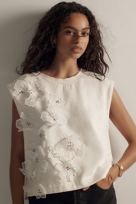 Shop By Anthropologie Floral Appliqué Knit Top In White