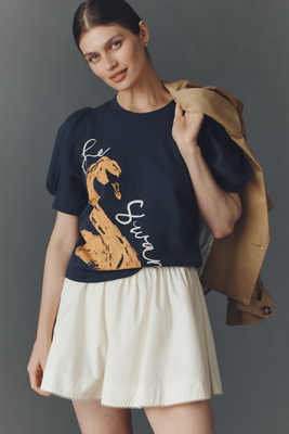 Maeve Puff-sleeve Swan Pullover In Blue