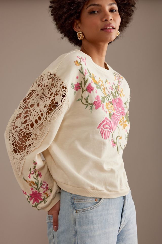 By Anthropologie Felpa girocollo ricamata floreale #3