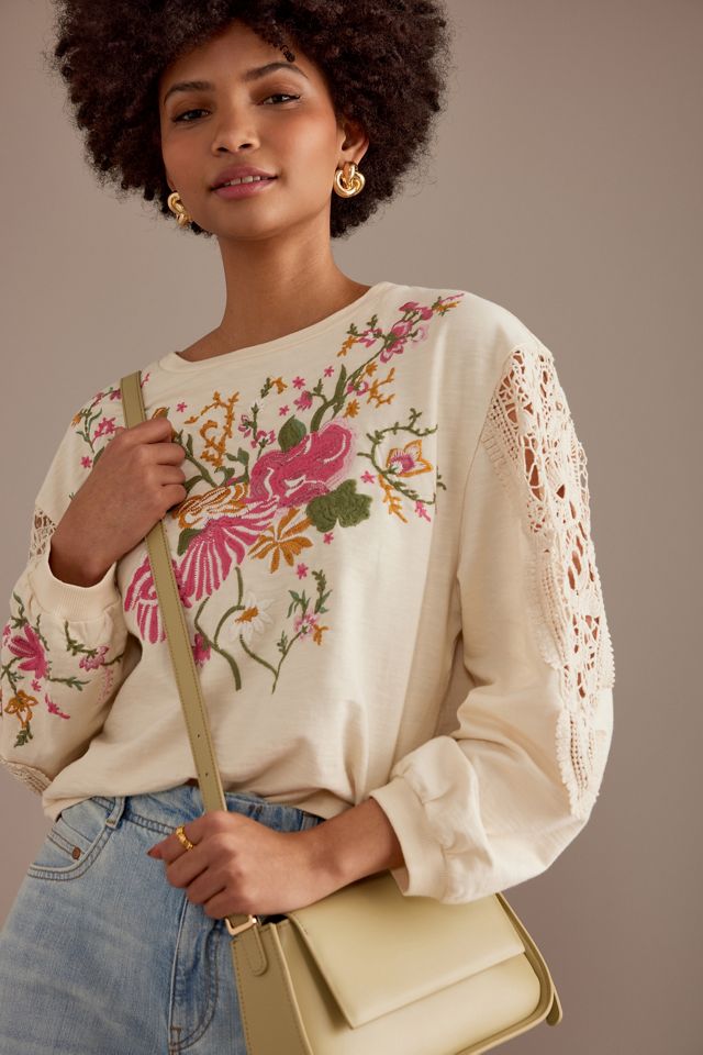 By Anthropologie Felpa girocollo ricamata floreale #4