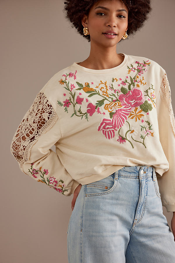 By Anthropologie Floral Embroidered Crew Neck Sweatshirt