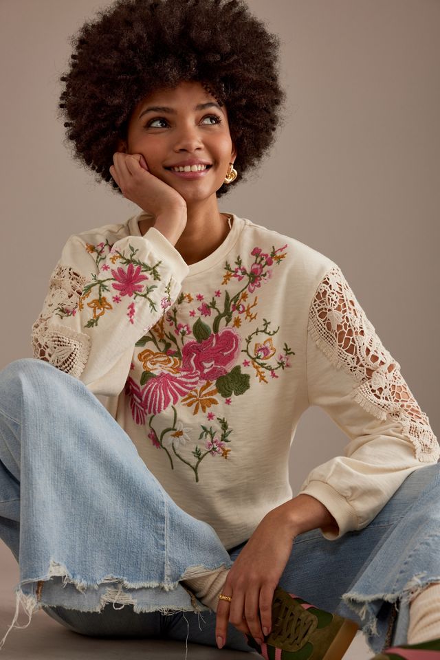 By Anthropologie Felpa girocollo ricamata floreale #2