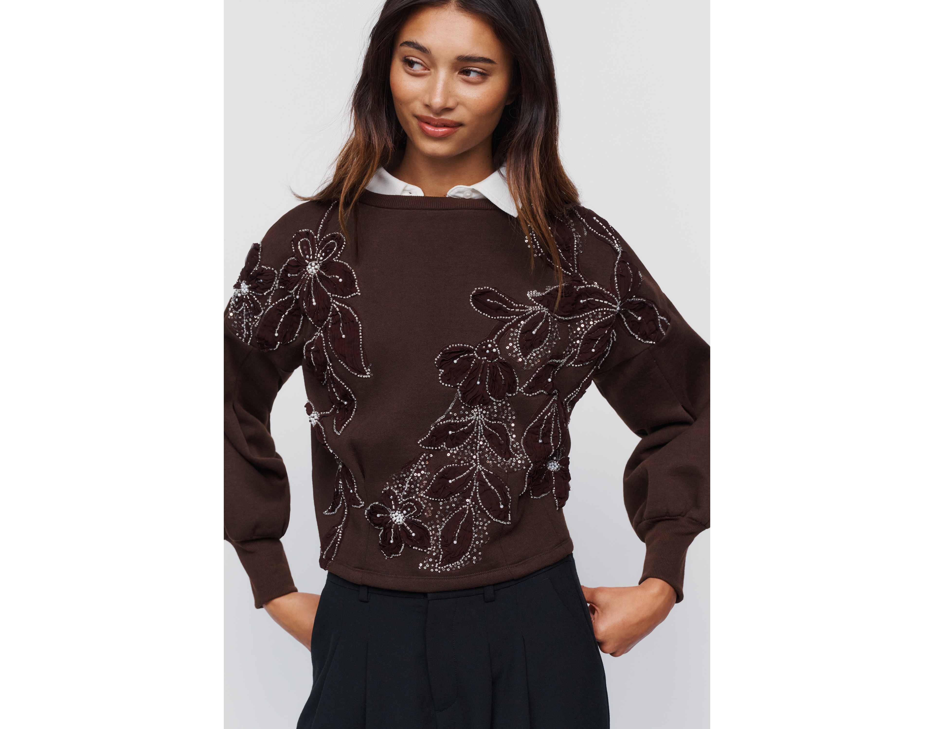 Ollari Cotton Blend Embellished Crewneck Sweatshirt