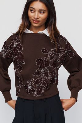 Ollari Cotton Blend Embellished Crewneck Sweatshirt