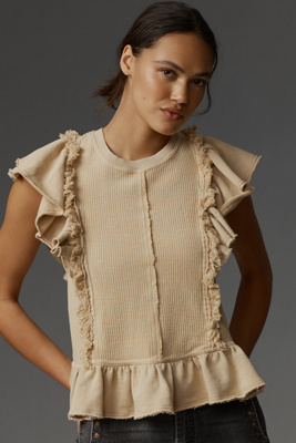 PILCRO SHORT-SLEEVE RUFFLED FRINGE SWEATSHIRT 