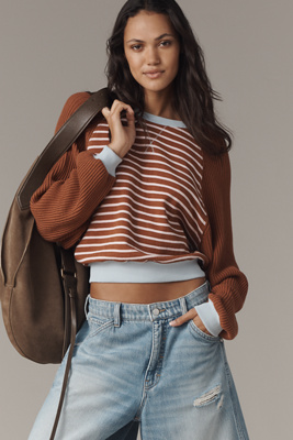 Pilcro The Niki Knit-sleeve Bubble Sweatshirt In Brown