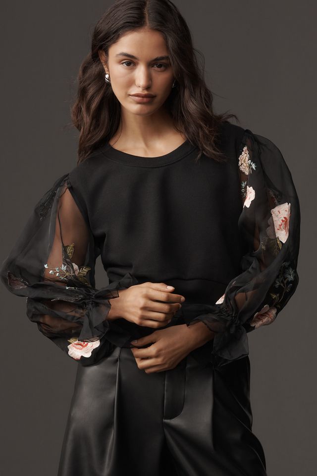 By Anthropologie Embroidered Floral Sheer Long-Sleeve Top #1