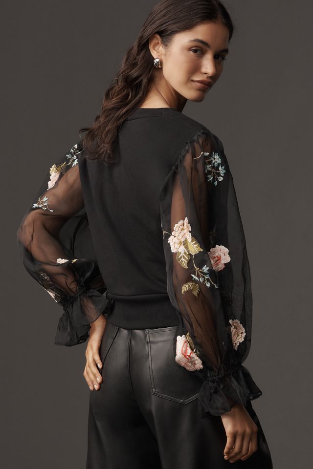 By Anthropologie Embroidered Floral Sheer Long-Sleeve Top #3