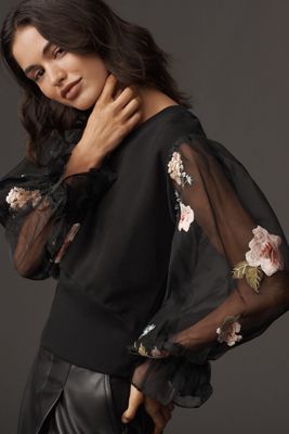 By Anthropologie Embroidered Floral Sheer Long-Sleeve Top