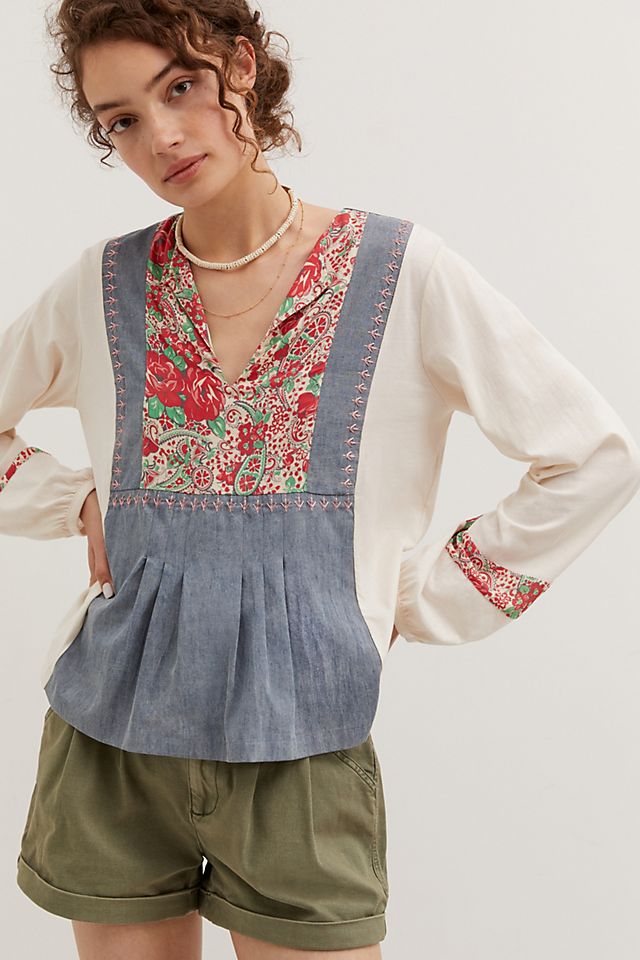 Floral Chambray Peasant Top