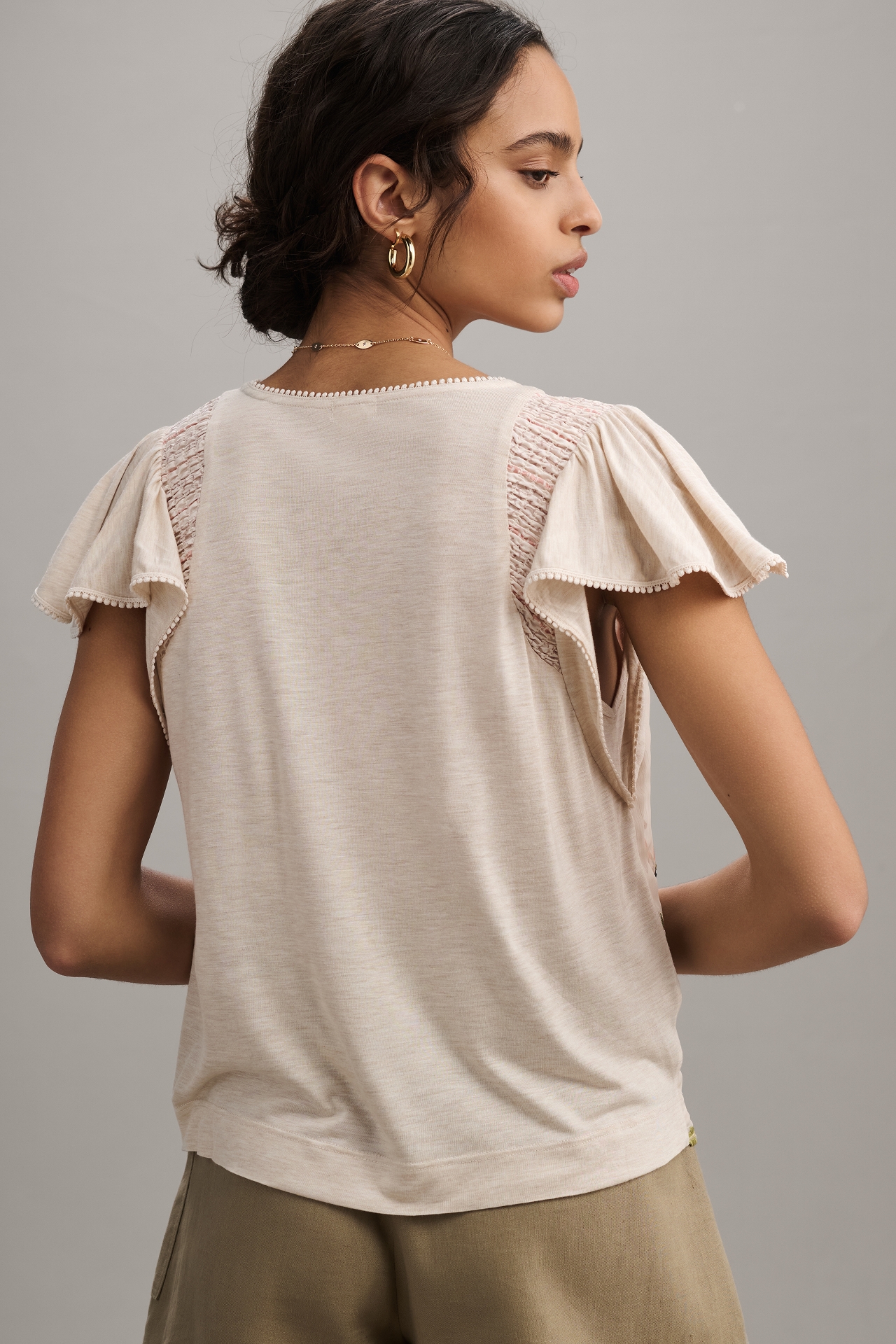 Tiny Flutter-Sleeve Embroidered Top