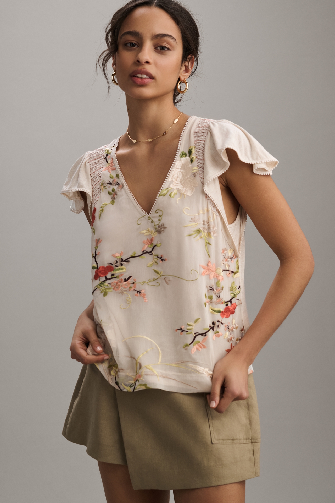 Tiny Flutter-Sleeve Embroidered Top