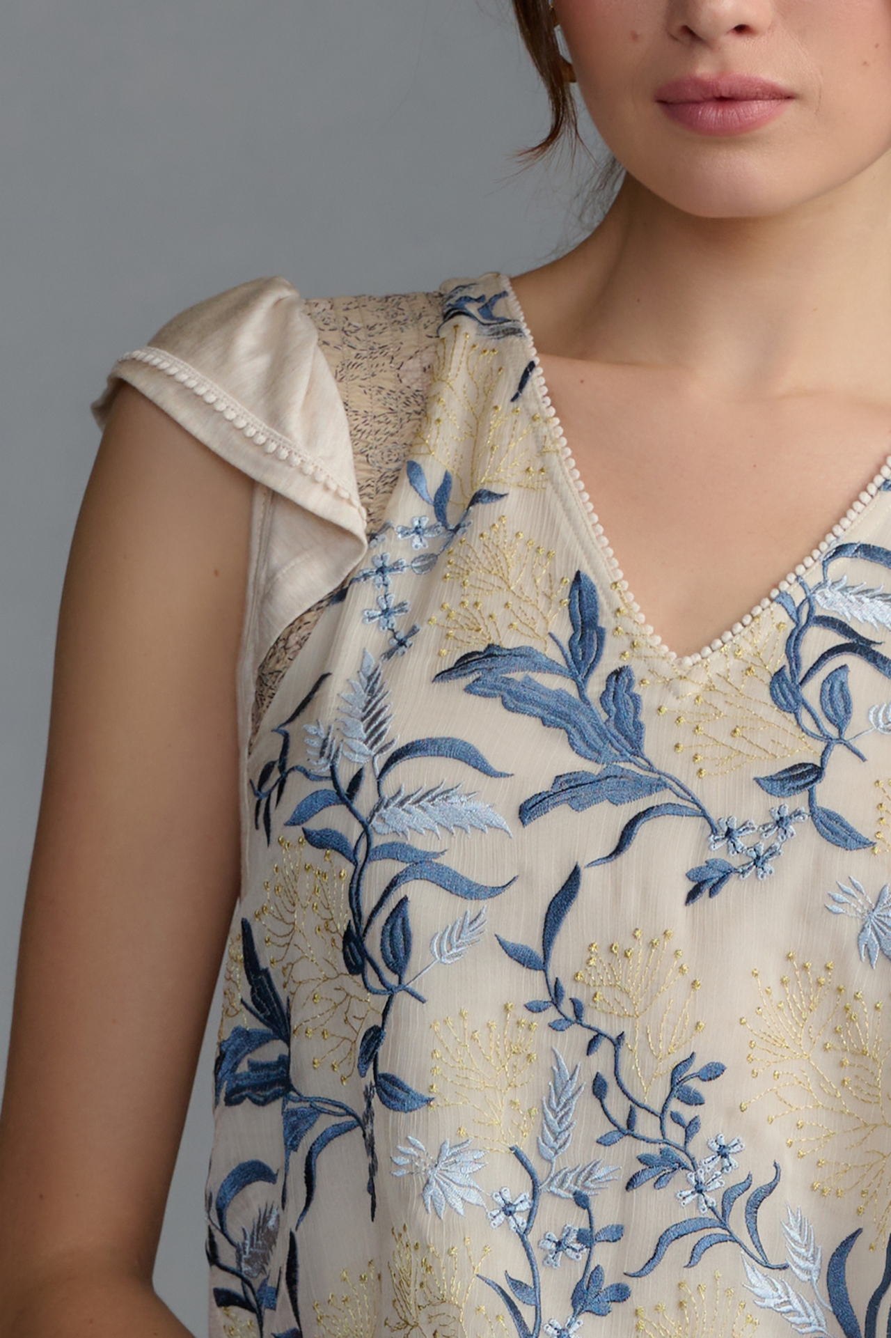 Tiny Flutter-Sleeve Embroidered Top