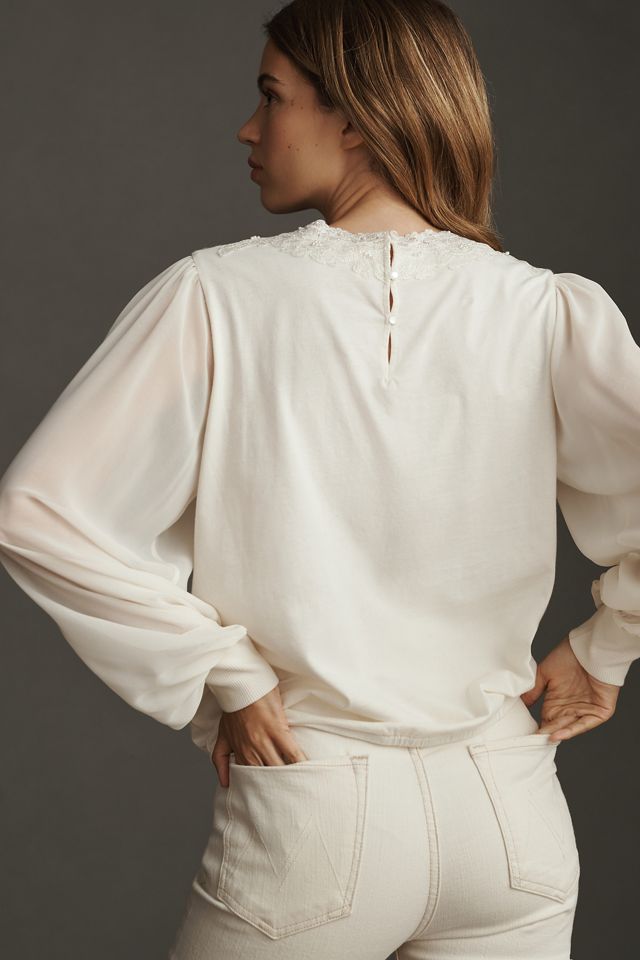 Tiny Long-Sleeve Mock-Neck Lace Embellished Top #1