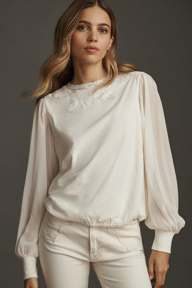 Tiny Long-Sleeve Mock-Neck Lace Embellished Top | Anthropologie