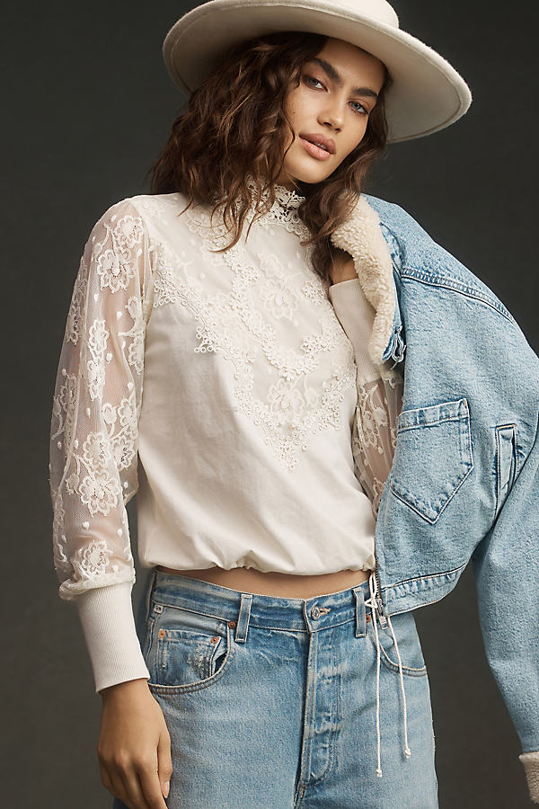Tiny Oriana Long-sleeve Lace Top In White
