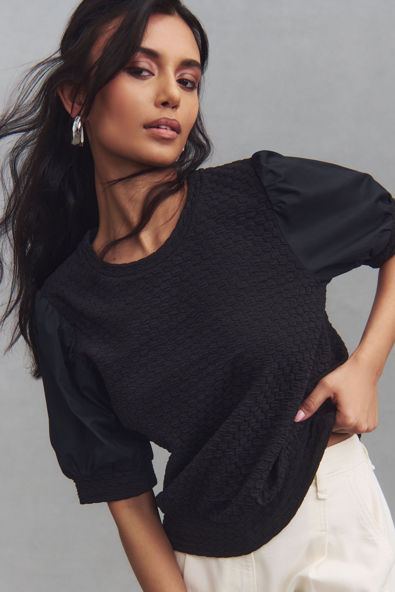 Porridge Puff-Sleeve Pullover Top