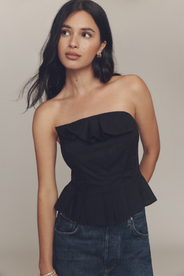 Porridge Ruffled Peplum Strapless Corset Top In Black