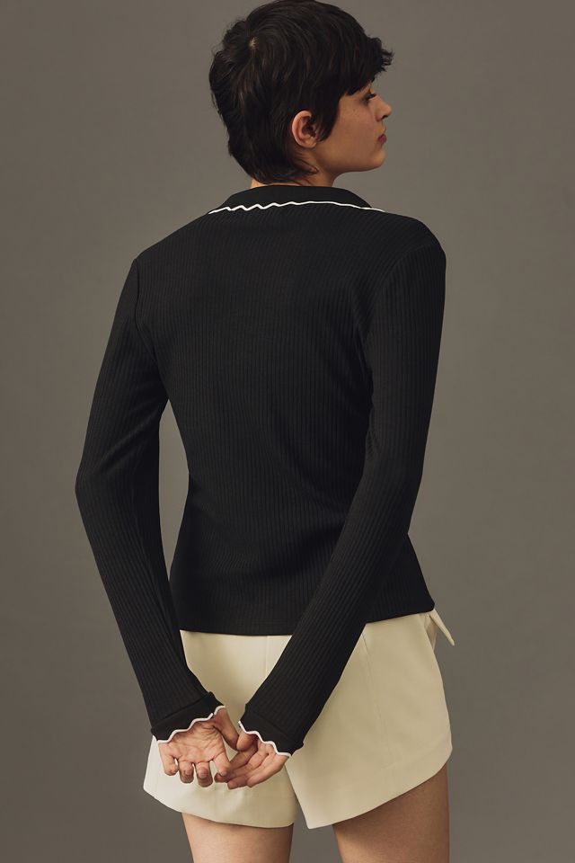 Maeve Long-Sleeve Scallop Polo Top #1