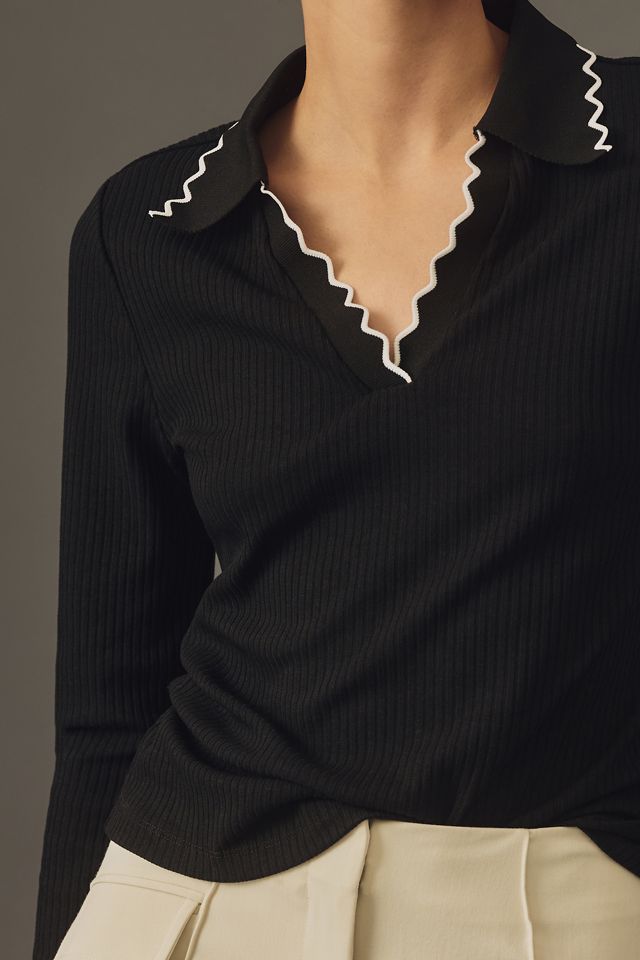 Maeve Long-Sleeve Scallop Polo Top #2