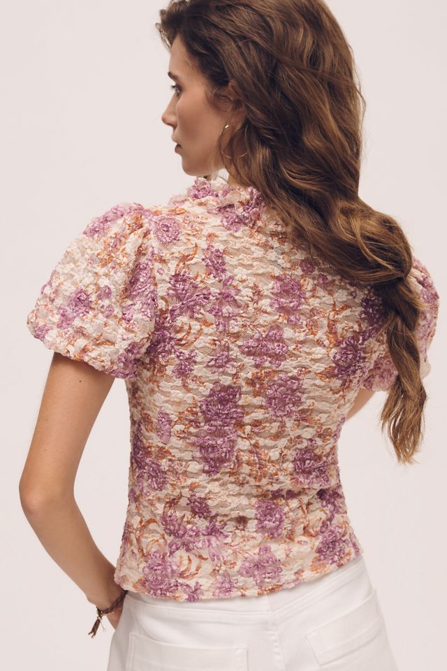 By Anthropologie Sheer Lace Puff-Sleeve Top #1