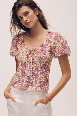 By Anthropologie Sheer Lace Puff-Sleeve Top