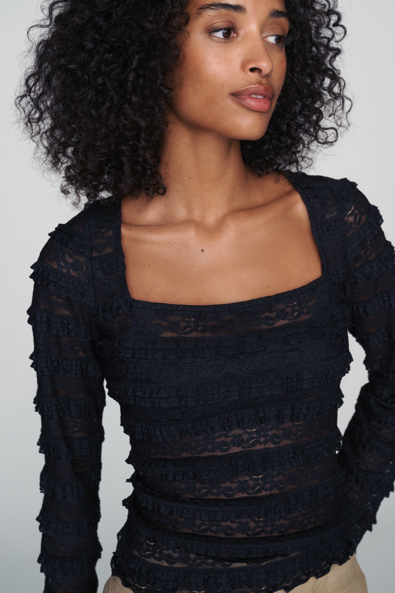 By Anthropologie Square-Neck Lace Long-Sleeve Top