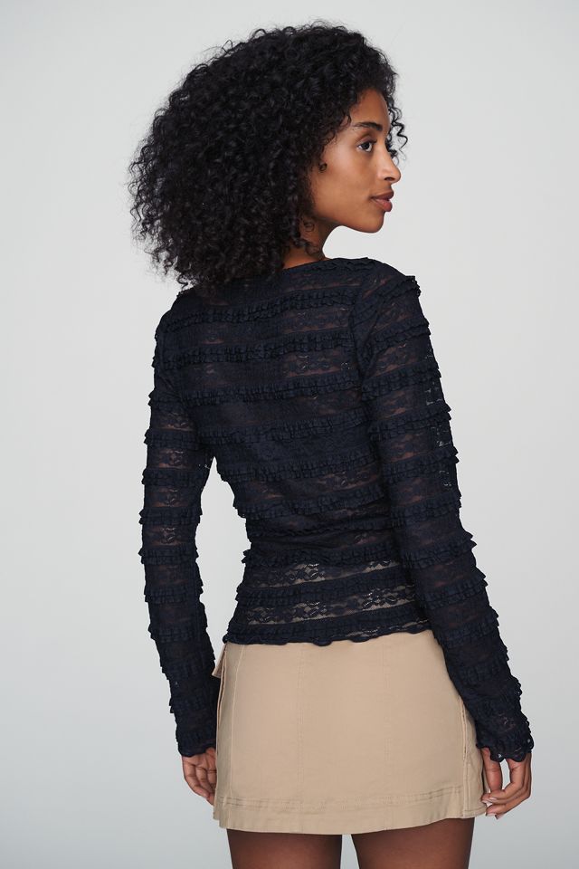 By Anthropologie Square-Neck Lace Long-Sleeve Top #3