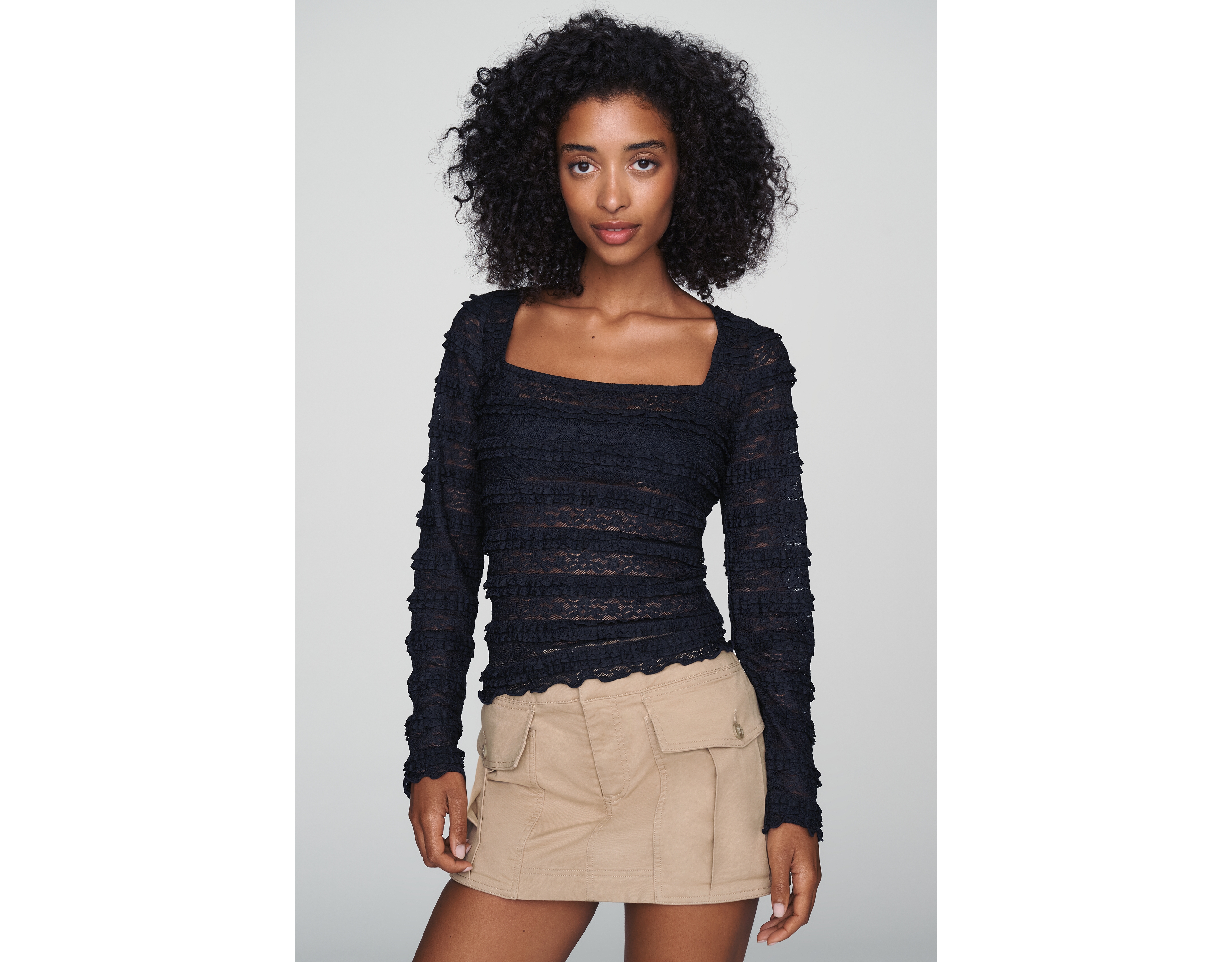 By Anthropologie Square-Neck Lace Long-Sleeve Top