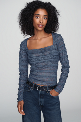By Anthropologie Square-Neck Lace Long-Sleeve Top
